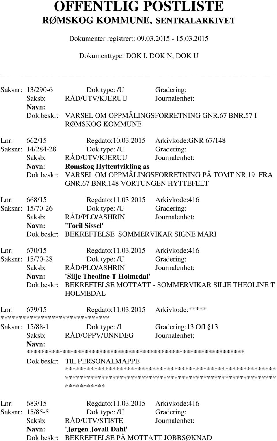 67 BNR.148 VORTUNGEN HYTTEFELT Lnr: 668/15 Regdato:11.03.2015 Arkivkode:416 Saksnr: 15/70-26 Dok.type: /U Gradering: 'Toril Sissel' Dok.