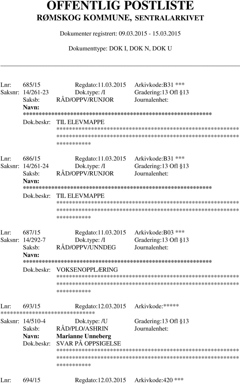 type: /I Gradering:13 Ofl 13 Saksb: RÅD/OPPV/UNNDEG Journalenhet: ** Dok.beskr: VOKSENOPPLÆRING Lnr: 693/15 Regdato:12.03.