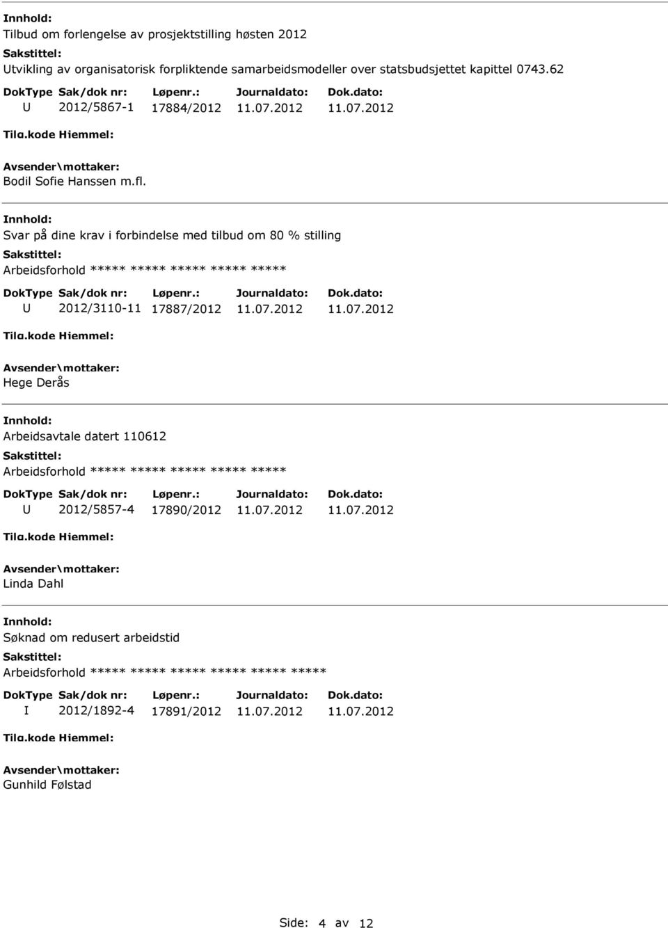 Svar på dine krav i forbindelse med tilbud om 80 % stilling ***** ***** 2012/3110-11 17887/2012 Hege Derås Arbeidsavtale