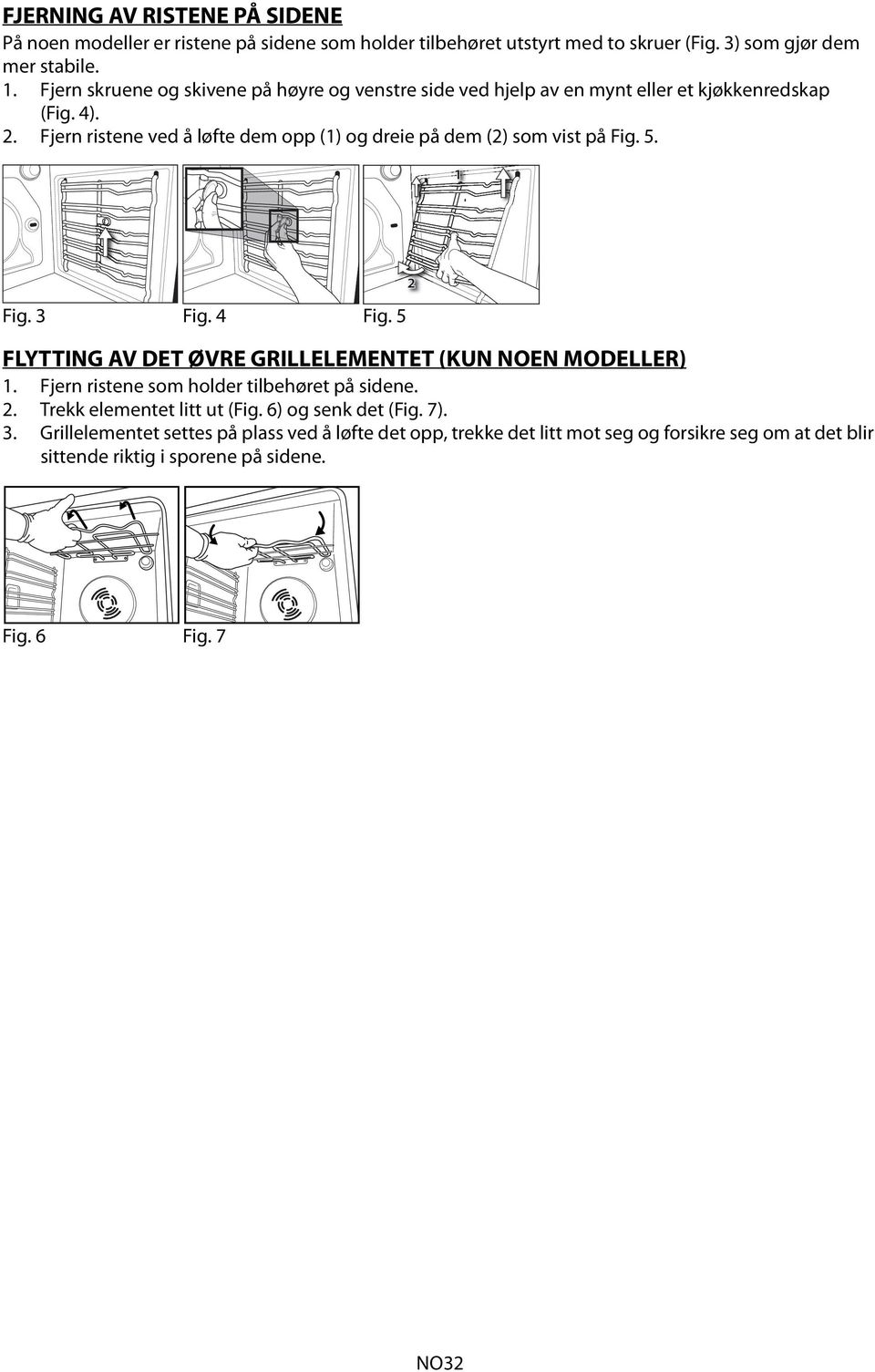 Fjern ristene ved å løfte dem opp (1) og dreie på dem (2) som vist på Fig. 5. Fig. 3 Fig. 4 Fig. 5 FLYTTING AV DET ØVRE GRILLELEMENTET (KUN NOEN MODELLER) 1.