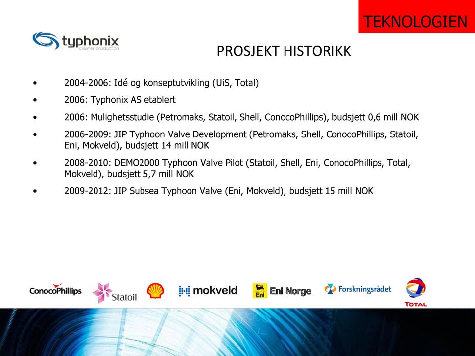 (Petromaks, Shell, ConocoPhillips, Statoil, Eni, Mokveld), budsjett 14 mill NOK 2008-2010: DEMO2000 Typhoon Valve Pilot