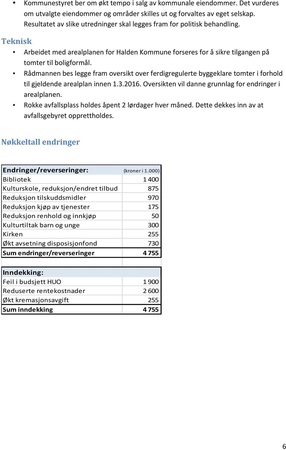 Rådmannen bes legge fram oversikt over ferdigregulerte byggeklare tomter i forhold til gjeldende arealplan innen 1.3.2016. Oversikten vil danne grunnlag for endringer i arealplanen.