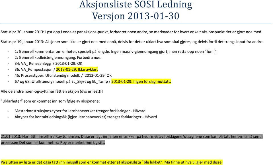 januar 2013: Aksjoner som ikke er gjort noe med ennå, delvis for det er uklart hva som skal gjøres, og delvis fordi det trengs input fra andre: - 1: Generell kommentar om enheter, spesielt på lengde.