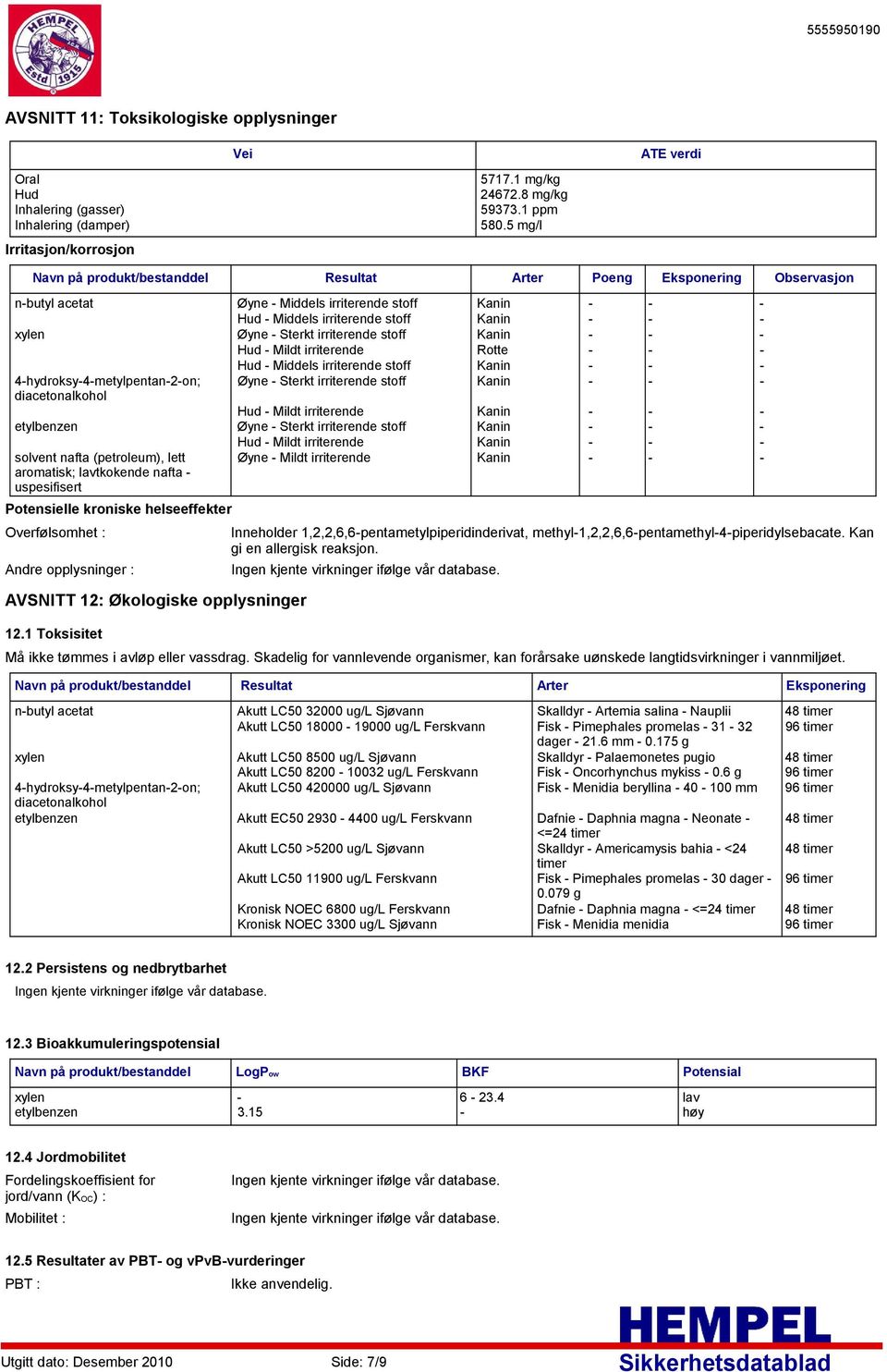 irriterende stoff Kanin Hud Mildt irriterende Rotte Hud Middels irriterende stoff Kanin 4hydroksy4metylpentan2on; diacetonalkohol Potensielle kroniske helseeffekter Øyne Sterkt irriterende stoff