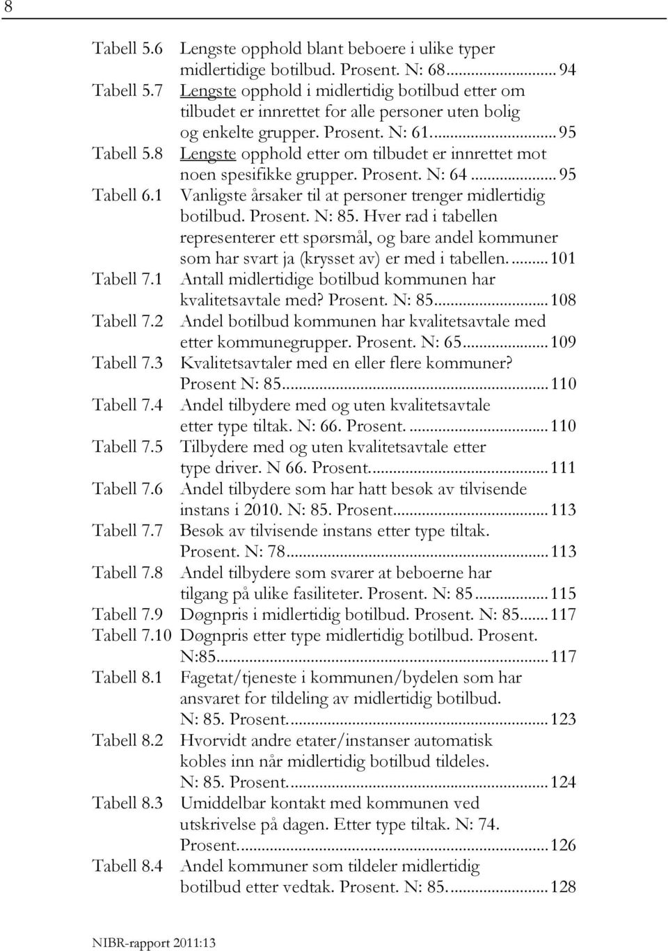 8 Lengste opphold etter om tilbudet er innrettet mot noen spesifikke grupper. Prosent. N: 64... 95 Tabell 6.1 Vanligste årsaker til at personer trenger midlertidig botilbud. Prosent. N: 85.