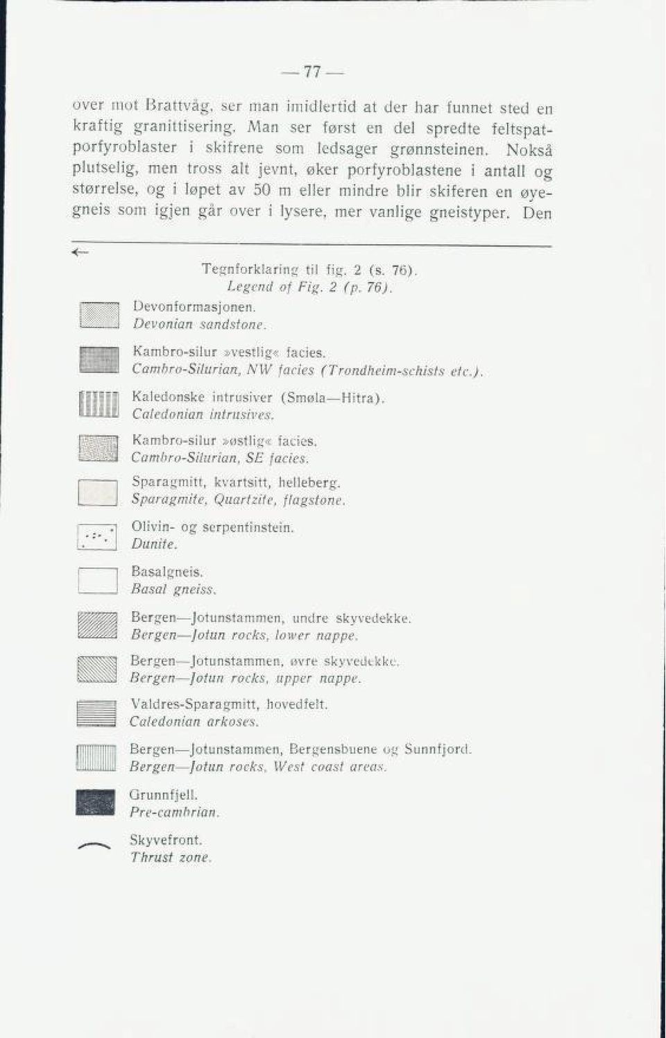 Den 77 <- Tegnforklaring til fig. 2 (s. 76). Legend of Fig. 2 (p. 76). Devonformasjonen. Devonian sandstone. '/ - yl Kambro-silur»vestlig«facies. Cambro-Silurian, NW facies (Trondheim-schists etc).