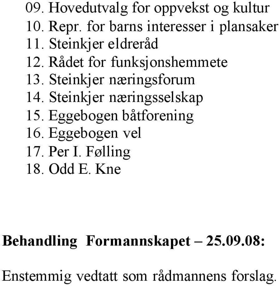 Steinkjer næringsselskap 15. Eggebogen båtforening 16. Eggebogen vel 17. Per I.