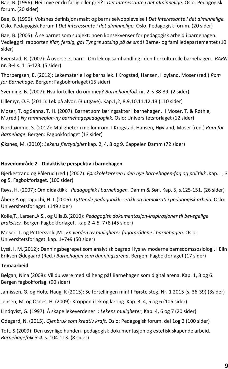 (2005): Å se barnet som subjekt: noen konsekvenser for pedagogisk arbeid i barnehagen. Vedlegg til rapporten Klar, ferdig, gå! Tyngre satsing på de små!