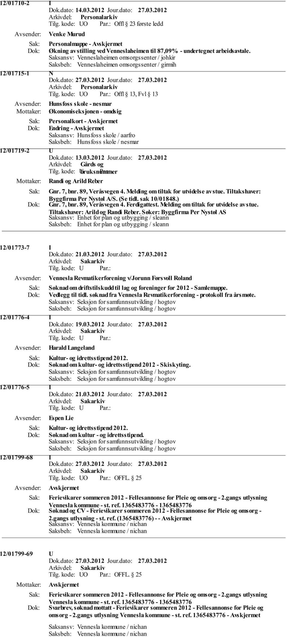 kode: O Offl 13, Fvl 13 Hunsfoss skole - nesmar Økonomiseksjonen - omdsig Personalkort - Endring - Saksansv: Hunsfoss skole / aarfro Saksbeh: Hunsfoss skole / nesmar 12/01719-2 Dok.dato: 13.03.