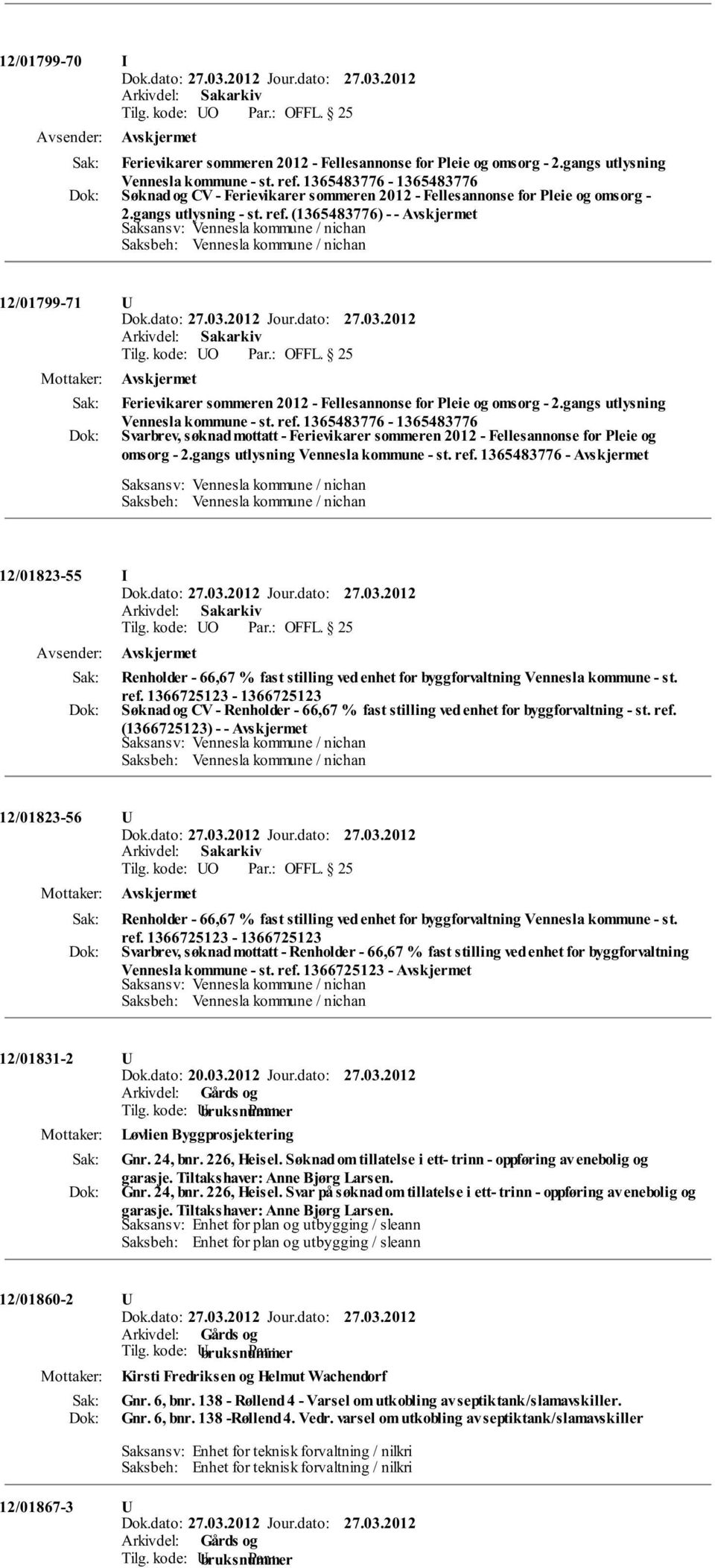 (1365483776) - - Saksansv: Vennesla kommune / nichan Saksbeh: Vennesla kommune / nichan 12/01799-71 Tilg. kode: O OFFL. 25 Ferievikarer sommeren 2012 - Fellesannonse for Pleie og omsorg - 2.