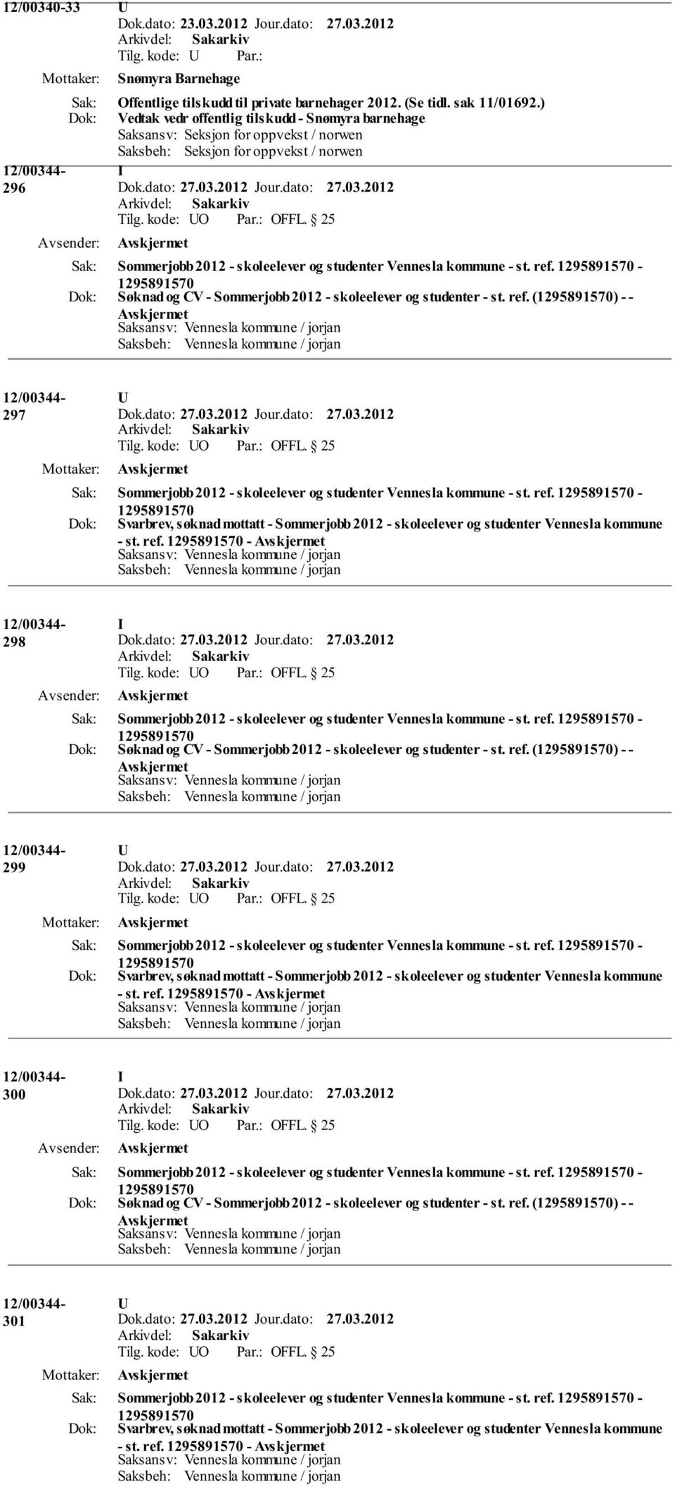 - Søknad og CV - Sommerjobb 2012 - skoleelever og studenter - st. ref. () - - 297 Tilg. kode: O OFFL. 25 Sommerjobb 2012 - skoleelever og studenter Vennesla kommune - st. ref. - Svarbrev, søknad mottatt - Sommerjobb 2012 - skoleelever og studenter Vennesla kommune - st.