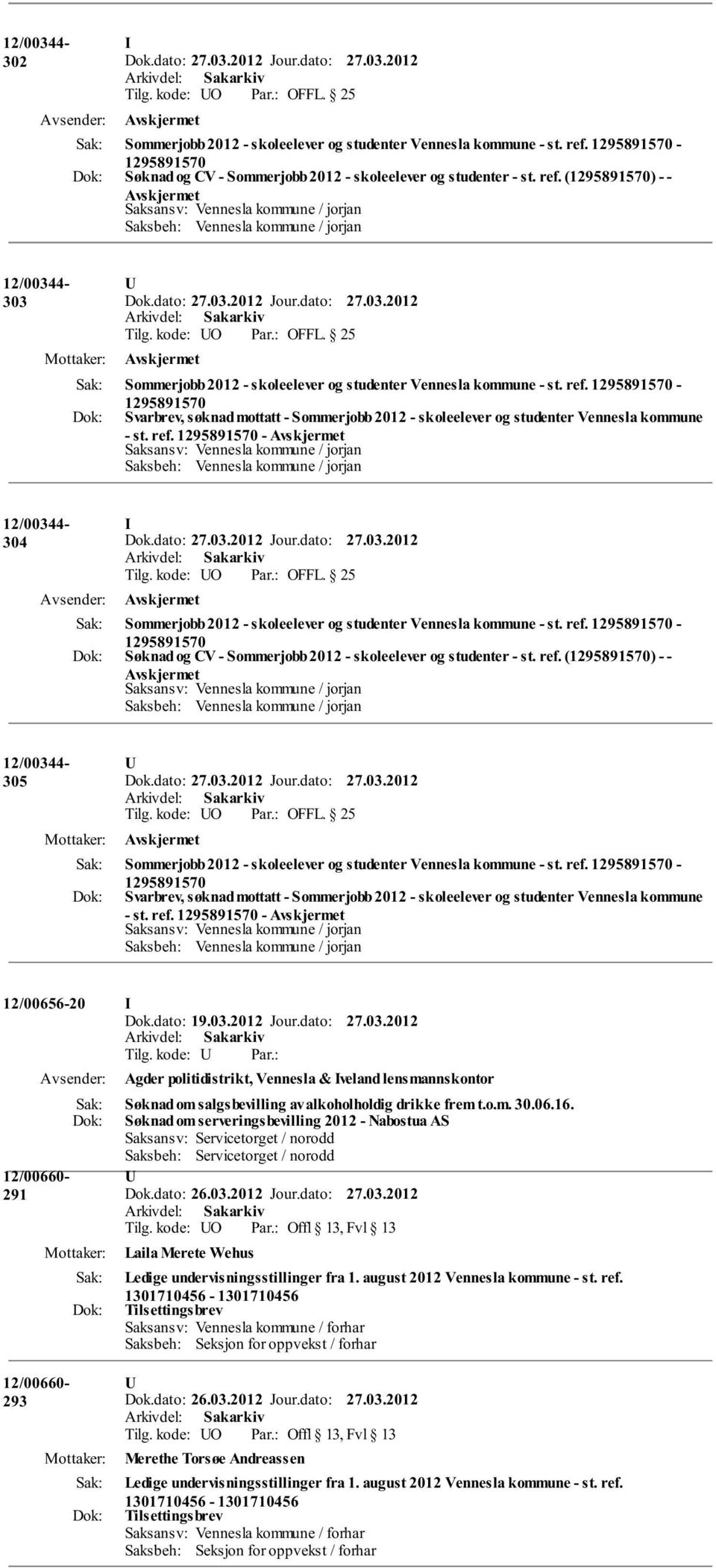 kode: O OFFL. 25 Sommerjobb 2012 - skoleelever og studenter Vennesla kommune - st. ref. - Søknad og CV - Sommerjobb 2012 - skoleelever og studenter - st. ref. () - - 305 Tilg. kode: O OFFL.