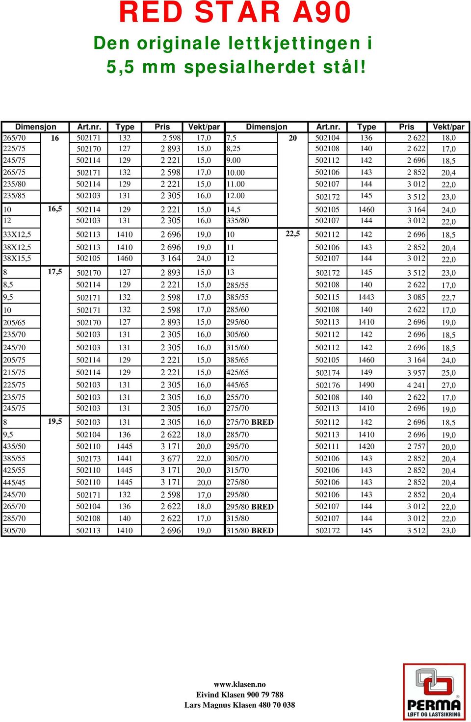 Type Pris Vekt/par 265/70 16 502171 132 2 598 17,0 7,5 20 502104 136 2 622 18,0 225/75 502170 127 2 893 15,0 8,25 502108 140 2 622 17,0 245/75 502114 129 2 221 15,0 9.