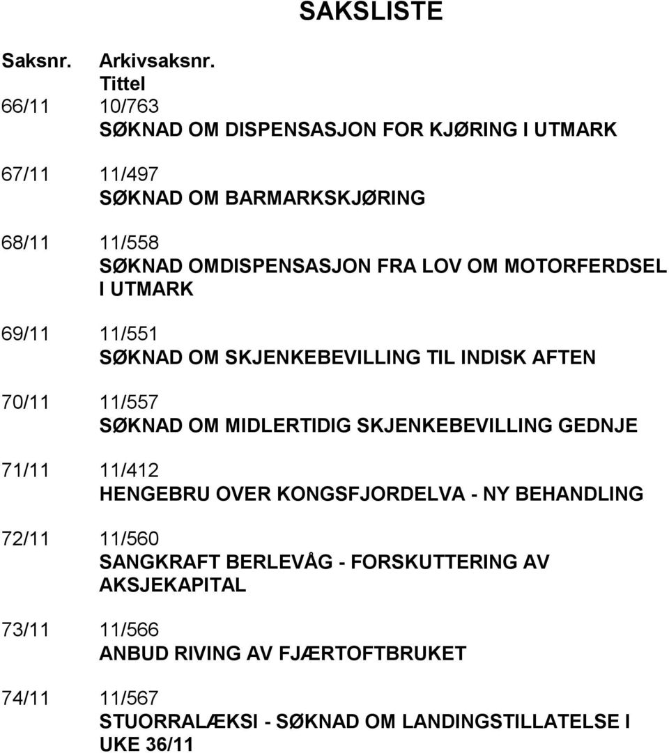 FRA LOV OM MOTORFERDSEL I UTMARK 69/11 11/551 SØKNAD OM SKJENKEBEVILLING TIL INDISK AFTEN 70/11 11/557 SØKNAD OM MIDLERTIDIG