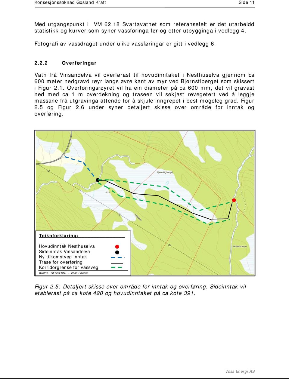 2.2 Overføringar Vatn frå Vinsandelva vil overførast til hovudinntaket i Nesthuselva gjennom ca 600 meter nedgravd røyr langs øvre kant av myr ved Bjørnstiberget som skissert i Figur 2.1.