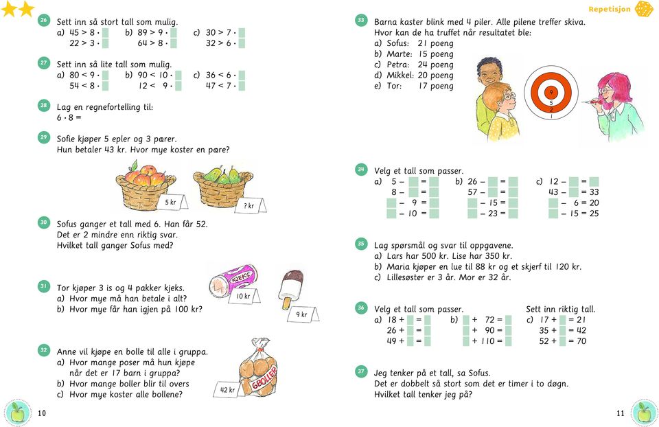 Hvor kan de ha truffet når resultatet ble: a) Sofus: 21 poeng b) Marte: 1 poeng c) Petra: 24 poeng d) Mikkel: 20 poeng e) Tor: 17 poeng 9 2 1 Repetisjon 29 Sofie kjøper epler og 3 pærer.