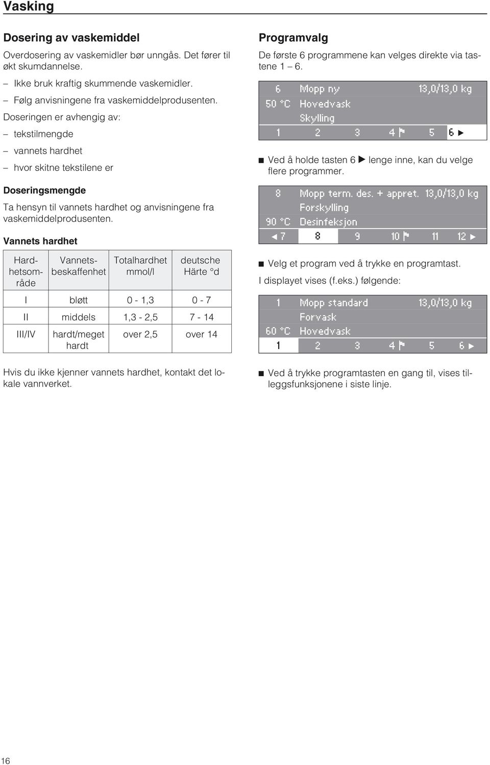 Vannets hardhet Hardhetsområde Vannetsbeskaffenhet Totalhardhet mmol/l deutsche Härte d I bløtt 0-1,3 0-7 II middels 1,3-2,5 7-14 III/IV hardt/meget hardt over 2,5 over 14 Hvis du ikke kjenner