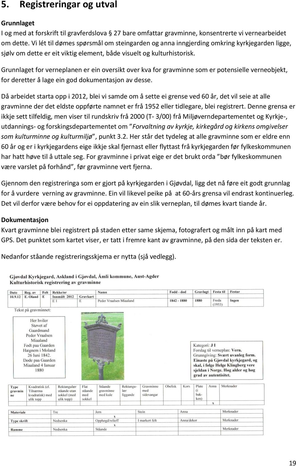 Grunnlaget for verneplanen er ein oversikt over kva for gravminne som er potensielle verneobjekt, for deretter å lage ein god dokumentasjon av desse.