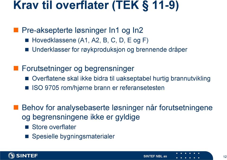 til uakseptabel hurtig brannutvikling ISO 9705 rom/hjørne brann er referansetesten Behov for analysebaserte