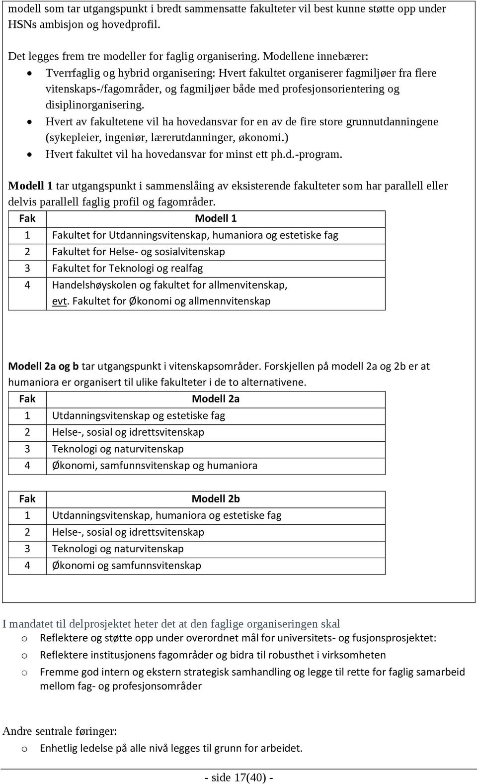 Hvert av fakultetene vil ha hovedansvar for en av de fire store grunnutdanningene (sykepleier, ingeniør, lærerutdanninger, økonomi.) Hvert fakultet vil ha hovedansvar for minst ett ph.d.-program.