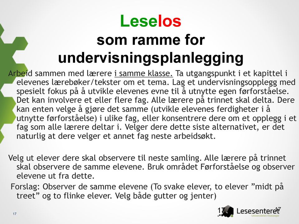 Dere kan enten velge å gjøre det samme (utvikle elevenes ferdigheter i å utnytte førforståelse) i ulike fag, eller konsentrere dere om et opplegg i et fag som alle lærere deltar i.