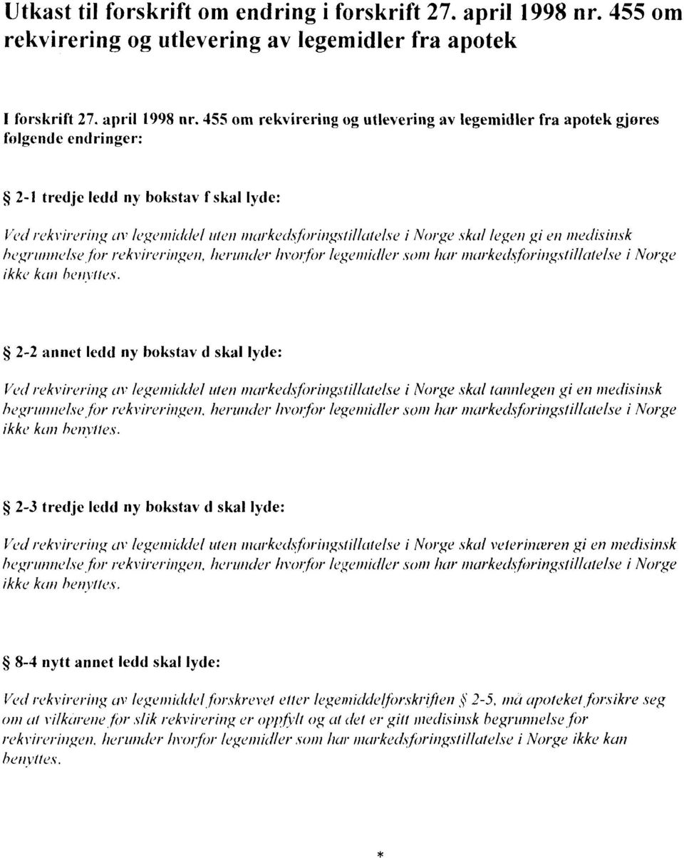 455 om rekvirering og utlevering av legemidler fra apotek gjøres folgende endringer: 2-l tredje ledd ny bokstav fskal lyde: Vea'i'ek\'irering,fav /egeiriidde/ ulen nuil'keci{$forirlg.s'li//ale/.