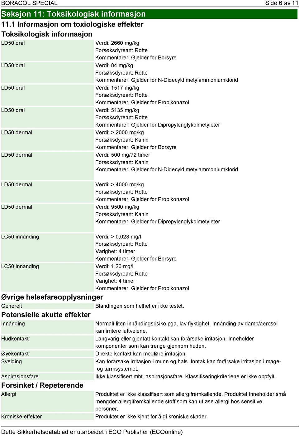 Kommentarer: Gjelder for N-Didecyldimetylammoniumklorid Verdi: 1517 mg/kg Kommentarer: Gjelder for Propikonazol Verdi: 5135 mg/kg Kommentarer: Gjelder for Dipropylenglykolmetyleter Verdi: > 2000