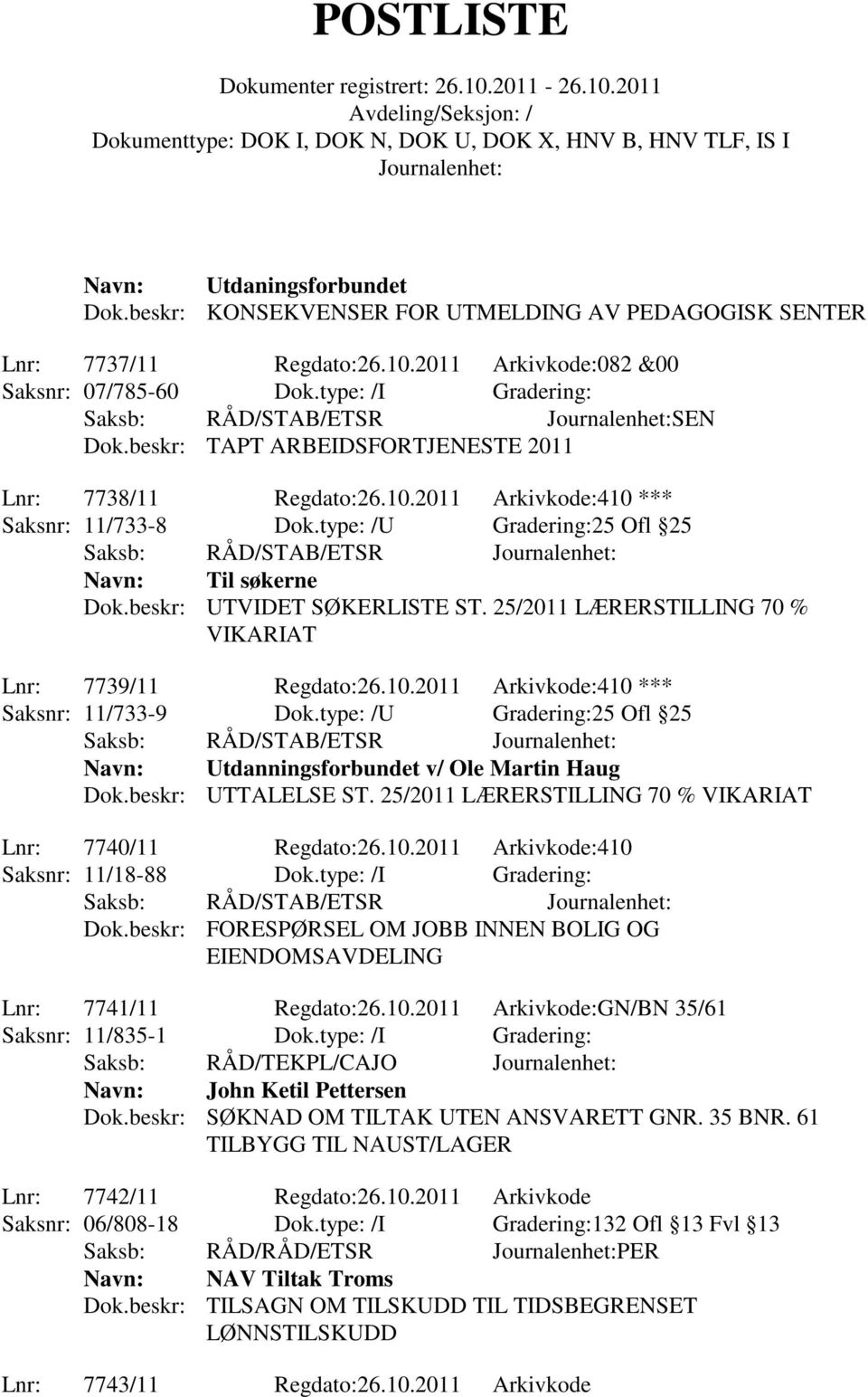 type: /U Gradering:25 Ofl 25 Saksb: RÅD/STAB/ETSR Navn: Til søkerne Dok.beskr: UTVIDET SØKERLISTE ST. 25/2011 LÆRERSTILLING 70 % VIKARIAT Lnr: 7739/11 Regdato:26.10.