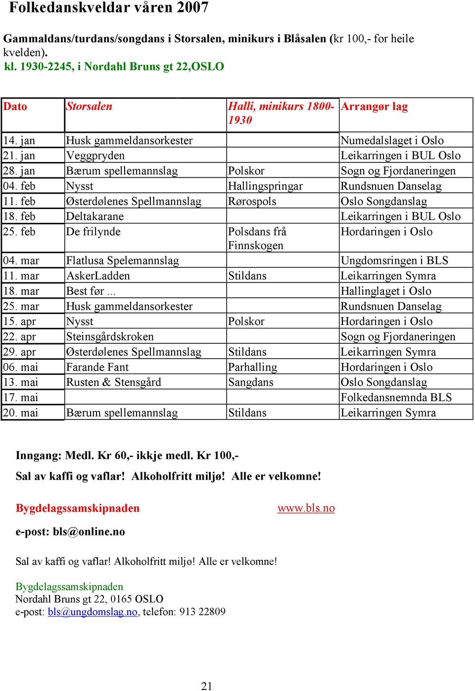 jan Bærum spellemannslag Polskor Sogn og Fjordaneringen 04. feb Nysst Hallingspringar Rundsnuen Danselag 11. feb Østerdølenes Spellmannslag Rørospols Oslo Songdanslag 18.