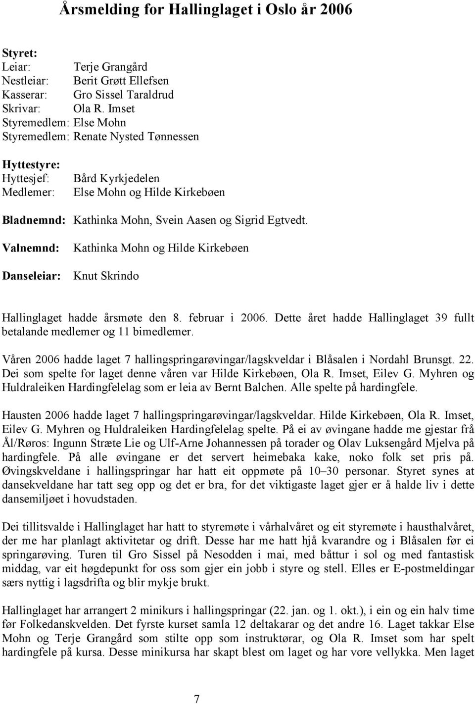 Egtvedt. Valnemnd: Danseleiar: Kathinka Mohn og Hilde Kirkebøen Knut Skrindo Hallinglaget hadde årsmøte den 8. februar i 2006.