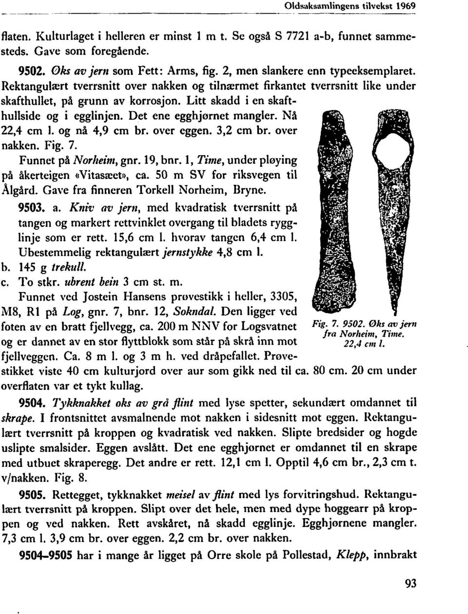 Det ene egghjornet mangler. Nå 22,4 cm 1. og nå 4,9 cm br. over eggen. 3,2 cm br. over nakken. Fig. 7. Funnet pa Norlreint, gnr. 19, bnr. 1, Time, under ploying på åkerteigen cvitasieet)), ca.