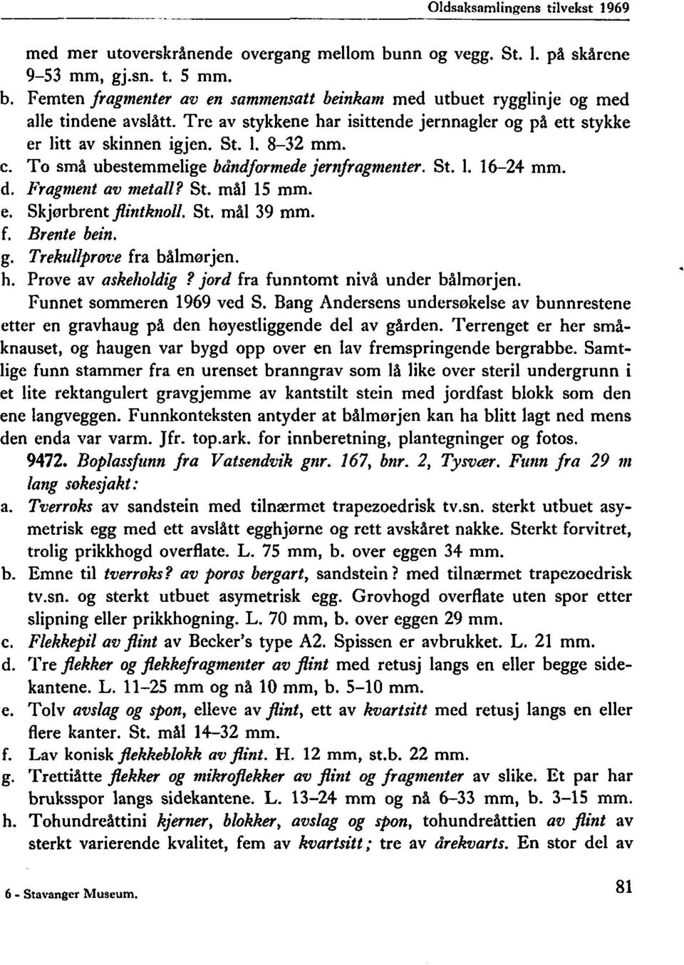 e. Skjorbrent pintknoll. St. mål 39 mm. f. Brente bein. g. Trekullprove fra bålmørjen. h. Prove av askel~oldig?jord fra funntomt nivå under bålmorjen. Funnet sommeren 1969 ved S.