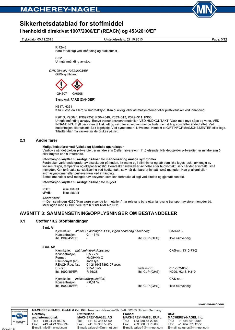 P261S, P280sh, P302+352, P304+340, P333+313, P342+311, P363 Unngå innånding av støv. Benytt vernehansker/vernebriller. VED HUDKONTAKT: Vask med mye såpe og vann.