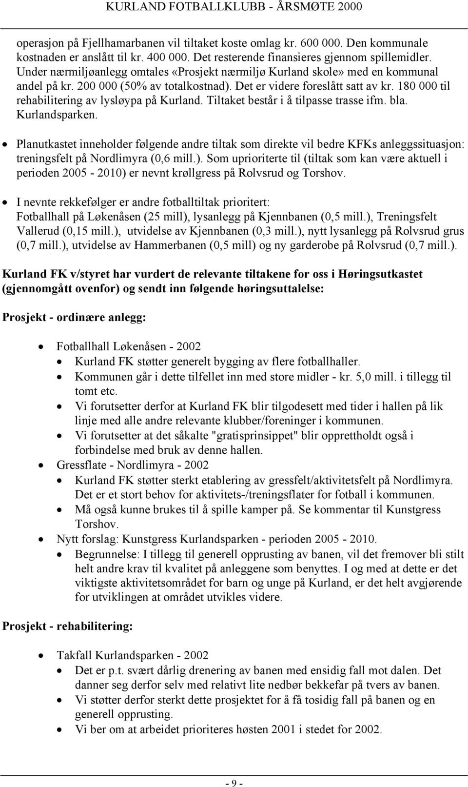 180 000 til rehabilitering av lysløypa på Kurland. Tiltaket består i å tilpasse trasse ifm. bla. Kurlandsparken.