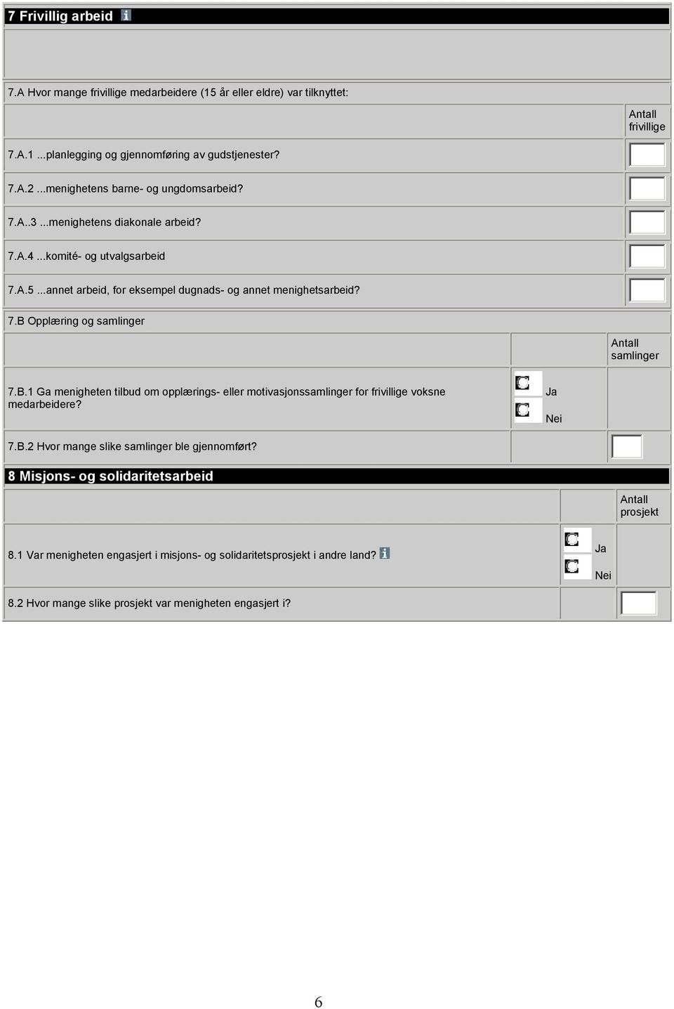 7.B Opplæring og samlinger samlinger 7.B.1 Ga menigheten tilbud om opplærings- eller motivasjonssamlinger for frivillige voksne medarbeidere? 7.B.2 Hvor mange slike samlinger ble gjennomført?