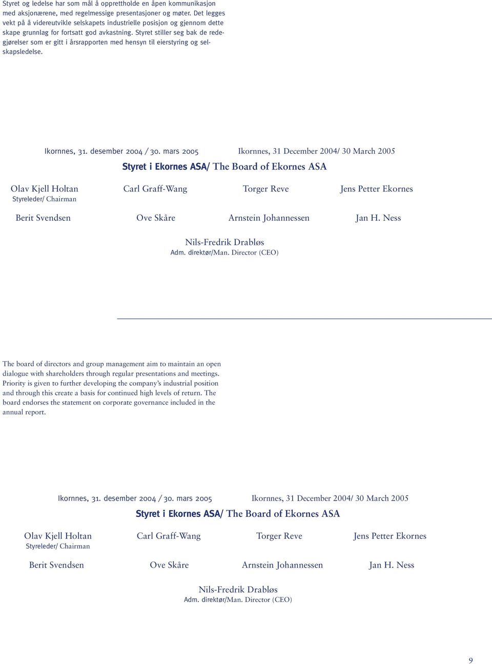 Styret stiller seg bak de redegjørelser som er gitt i årsrapporten med hensyn til eierstyring og selskapsledelse. Ikornnes, 31. desember 2004 / 30.
