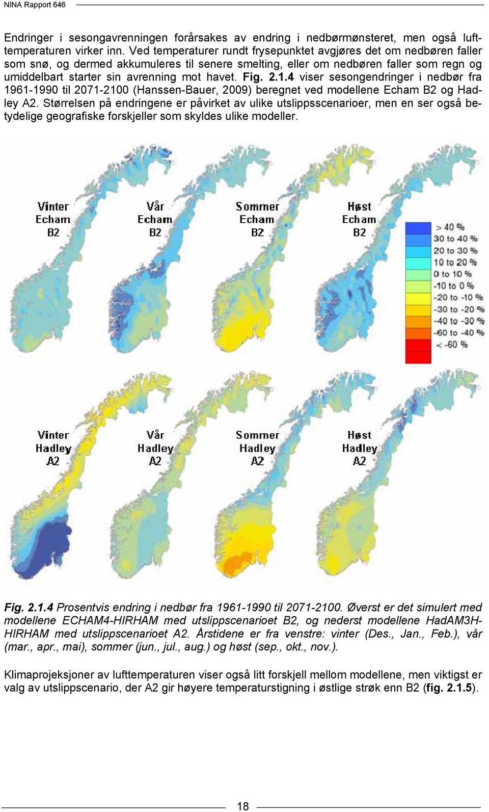 havet. Fig. 2.1.4 viser sesongendringer i nedbør fra 1961-1990 til 2071-2100 (Hanssen-Bauer, 2009) beregnet ved modellene Echam B2 og Hadley A2.