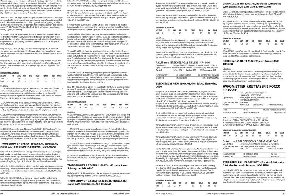 5,5,6,4,4,4 Slipptid 60 min. Stand m/makker 1, Stand u/makker 1. Tromsø 29.08.09. UK. Appo starter ut i god fart, lett fin stil. Dekker terrenget på en god måte i god kontakt med fører.