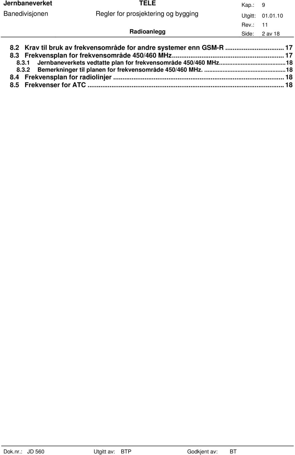 3 Frekvensplan for frekvensområde 450/460 MHz... 17 8.3.1 Jernbaneverkets vedtatte plan for frekvensområde 450/460 MHz.