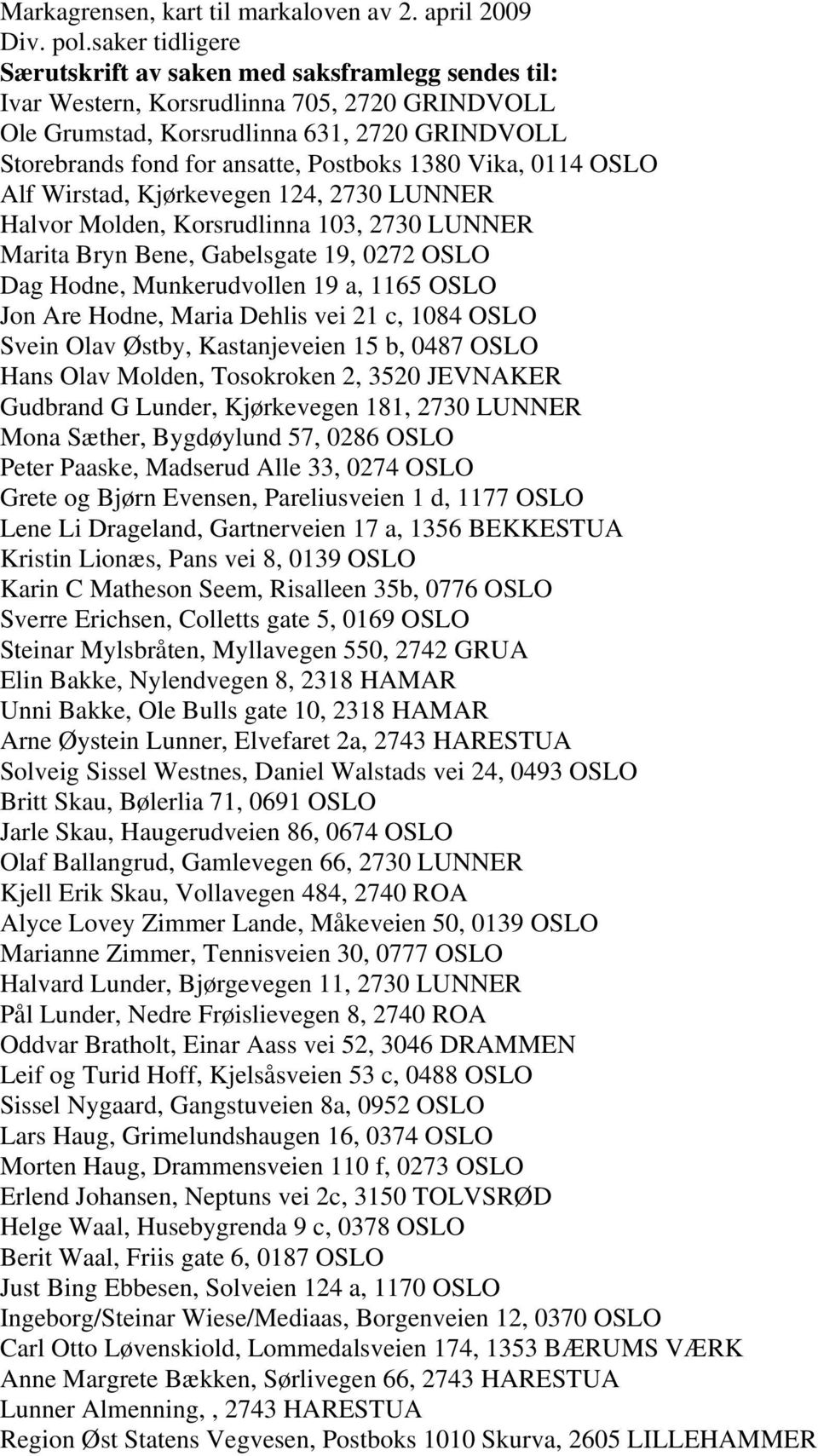 1380 Vika, 0114 OSLO Alf Wirstad, Kjørkevegen 124, 2730 LUNNER Halvor Molden, Korsrudlinna 103, 2730 LUNNER Marita Bryn Bene, Gabelsgate 19, 0272 OSLO Dag Hodne, Munkerudvollen 19 a, 1165 OSLO Jon