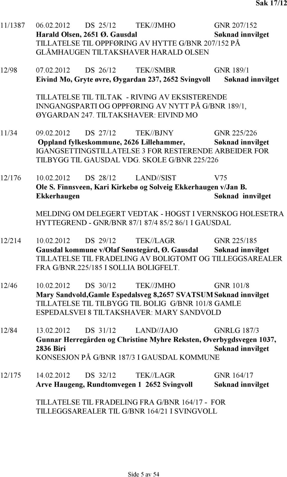 2012 DS 26/12 TEK//SMBR GNR 189/1 Eivind Mo, Gryte øvre, Øygardan 237, 2652 Svingvoll TILLATELSE TIL TILTAK - RIVING AV EKSISTERENDE INNGANGSPARTI OG OPPFØRING AV NYTT PÅ G/BNR 189/1, ØYGARDAN 247.