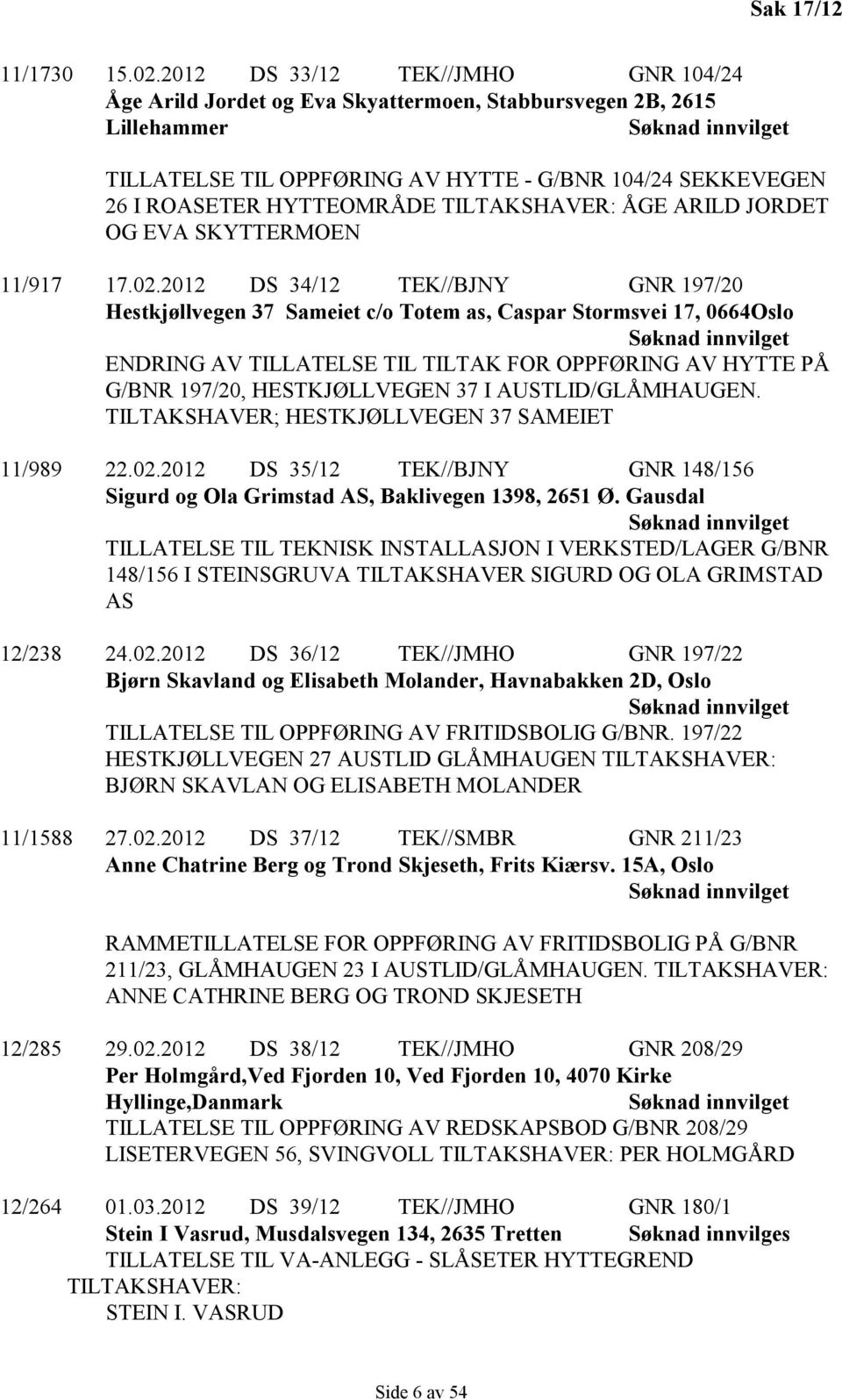 TILTAKSHAVER: ÅGE ARILD JORDET OG EVA SKYTTERMOEN 11/917 17.02.
