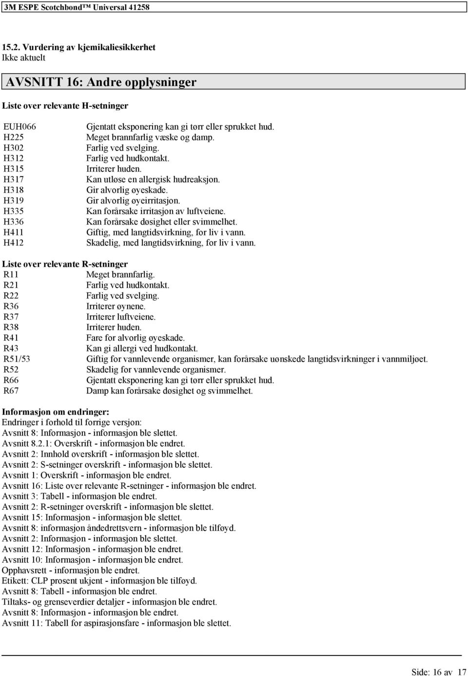 Vurdering av kjemikaliesikkerhet Ikke aktuelt AVSNITT 16: Andre opplysninger Liste over relevante H-setninger EUH066 H225 H302 H312 H315 H317 H318 H319 H335 H336 H411 H412 Gjentatt eksponering kan gi