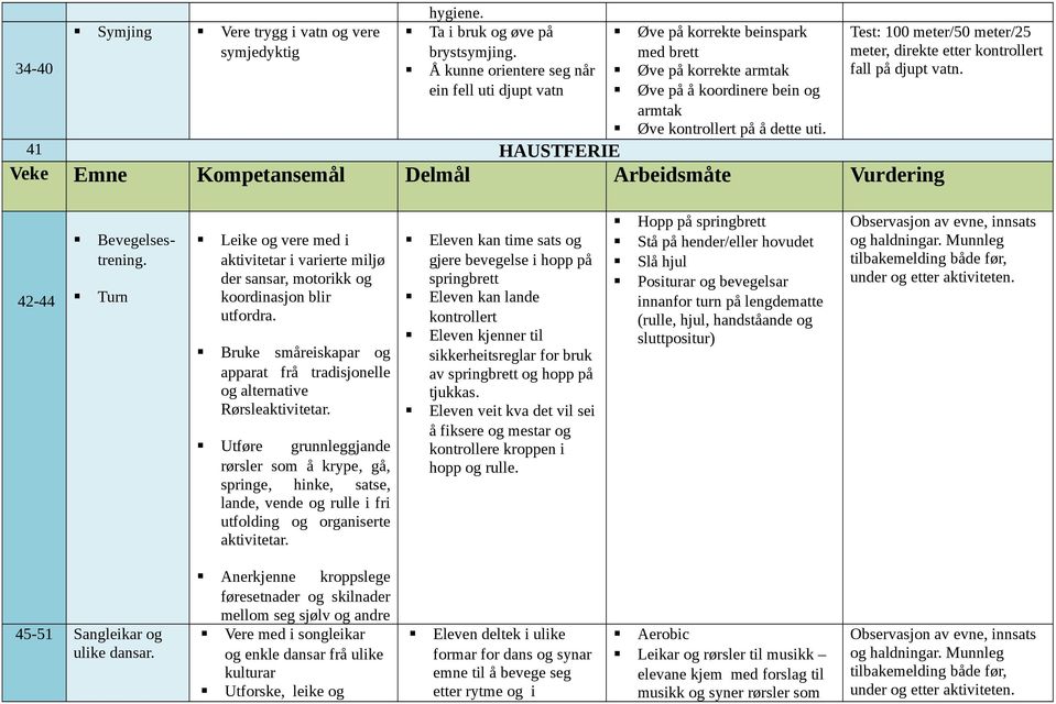 Test: 100 meter/50 meter/25 meter, direkte etter kontrollert fall på djupt vatn. 41 HAUSTFERIE 42-44 Bevegelsestrening.