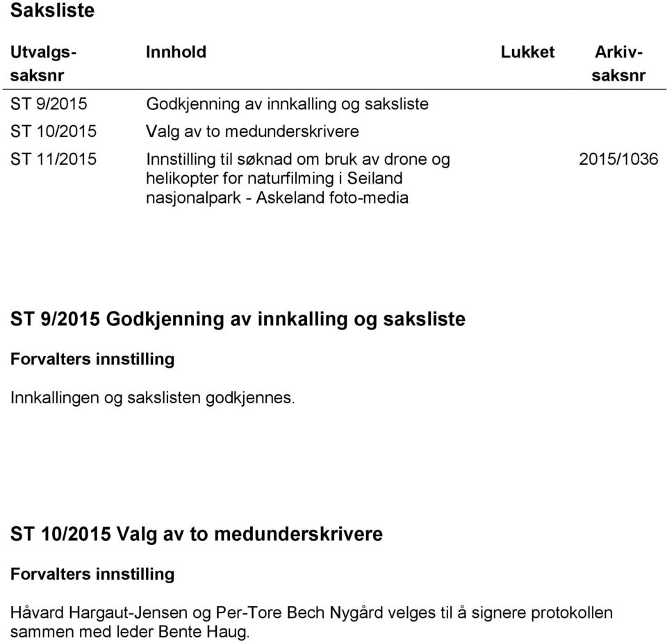 2015/1036 ST 9/2015 Godkjenning av innkalling og saksliste Forvalters innstilling Innkallingen og sakslisten godkjennes.