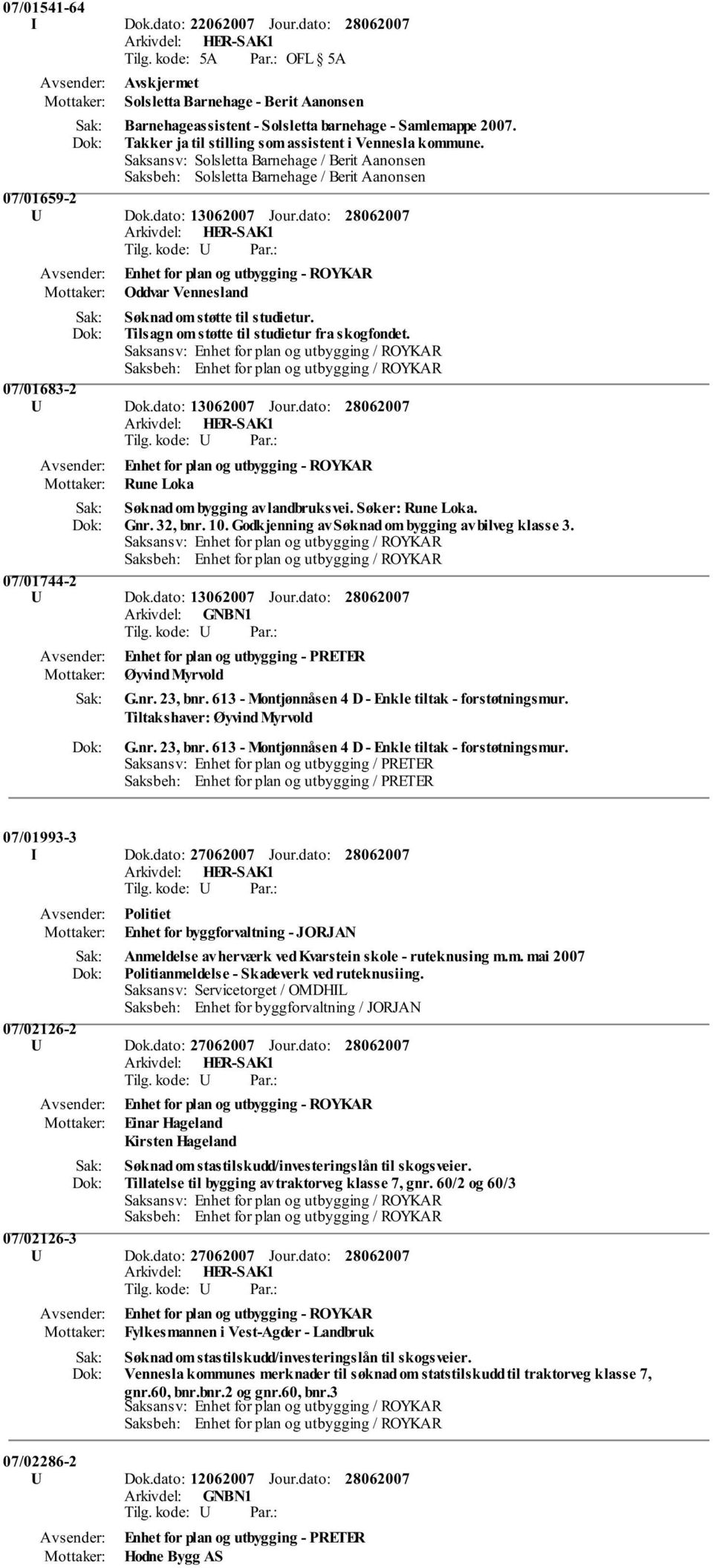 dato: Enhet for plan og utbygging - ROYKAR Oddvar Vennesland Søknad om støtte til studietur. Tilsagn om støtte til studietur fra skogfondet. 07/01683-2 U Dok.dato: 13062007 Jour.