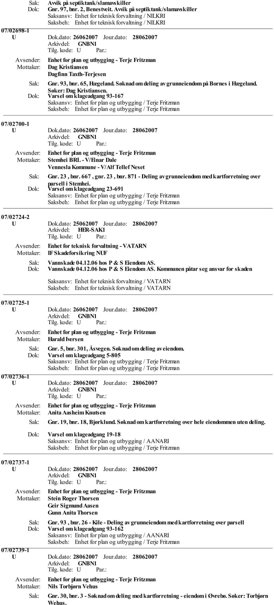 Varsel om klageadgang 93-167 Saksansv: Enhet for plan og utbygging / Terje Fritzman 07/02700-1 U Dok.dato: 26062007 Jour.