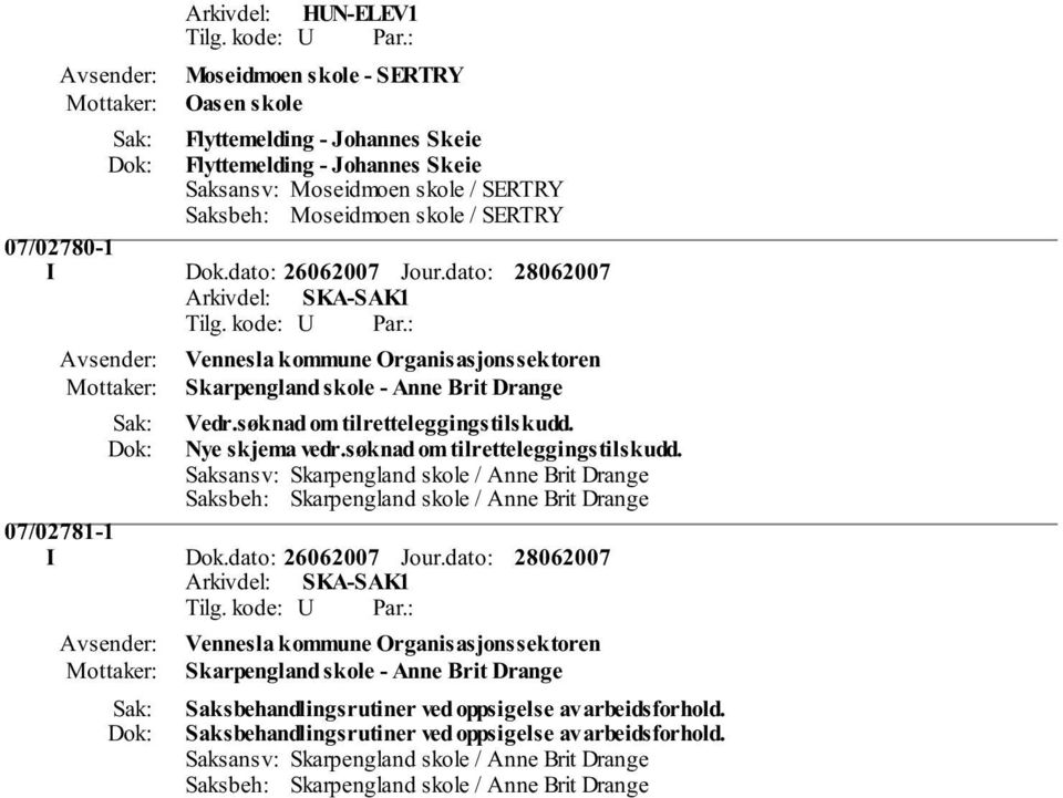 søknad om tilretteleggingstilskudd. Saksansv: Skarpengland skole / Anne Brit Drange Saksbeh: Skarpengland skole / Anne Brit Drange 07/02781-1 I Dok.dato: 26062007 Jour.