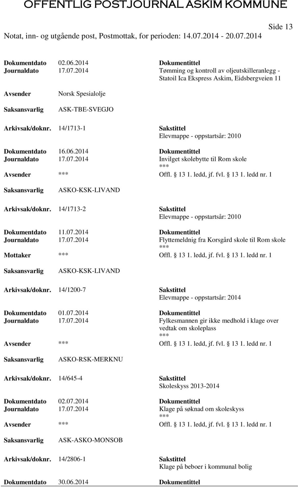 14/1713-1 Sakstittel Elevmappe - oppstartsår: 2010 Dokumentdato 16.06.2014 Dokumentittel Journaldato 17.07.2014 Invilget skolebytte til Rom skole Offl. 13 1. ledd, jf. fvl. 13 1. ledd nr.