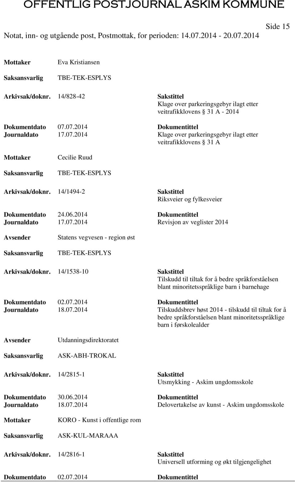 14/1494-2 Sakstittel Riksveier og fylkesveier Dokumentdato 24.06.2014 Dokumentittel Journaldato 17.07.2014 Revisjon av veglister 2014 Statens vegvesen - region øst TBE-TEK-ESPLYS Arkivsak/doknr.